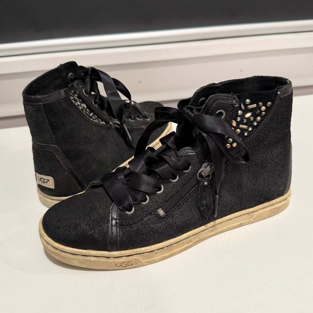 UGG Blaney Crystal Suede and Satin Lace High-Top Sneakers